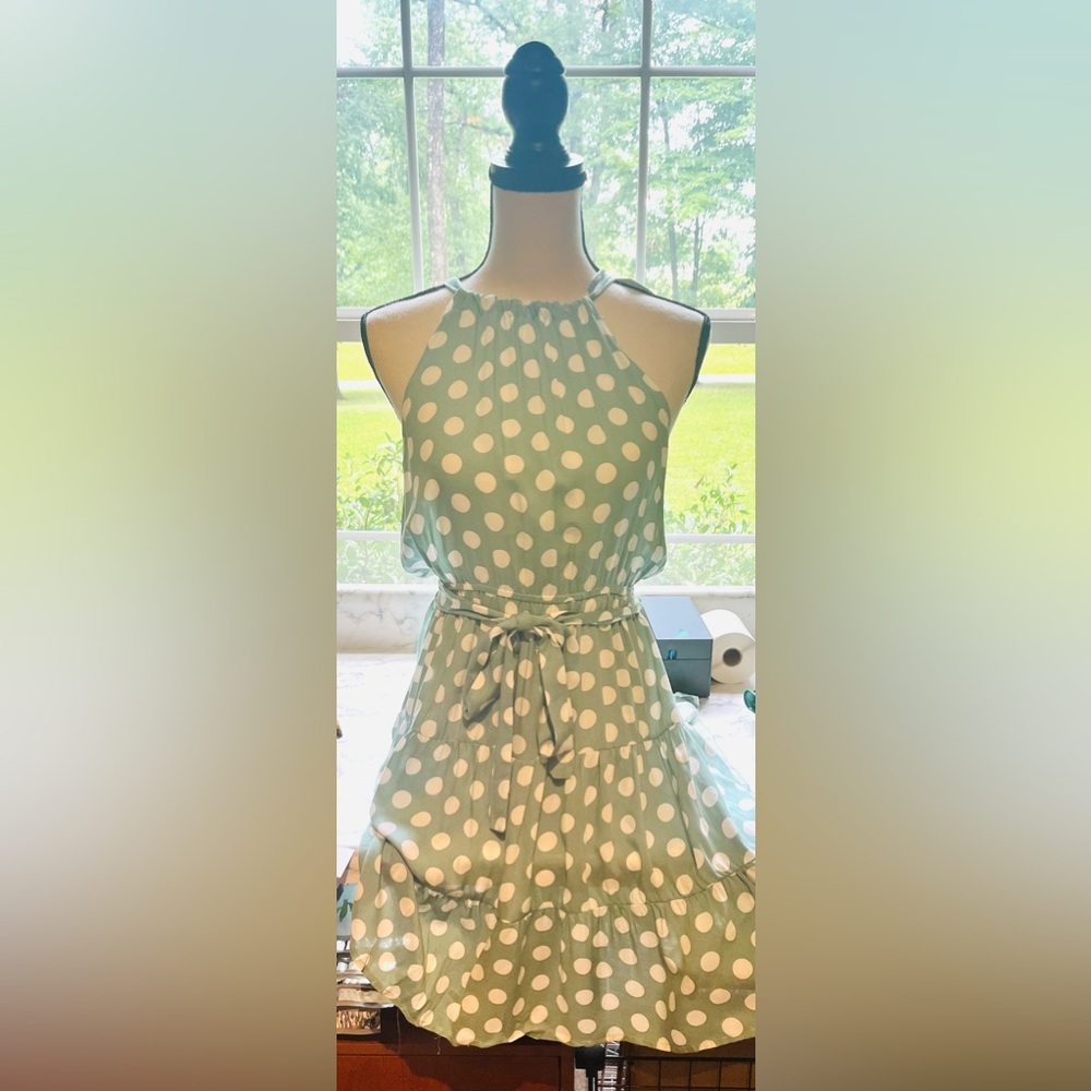 Amasoo Size Small Sage Halter Polka Dot Tiered Dress Mini Tie NWT